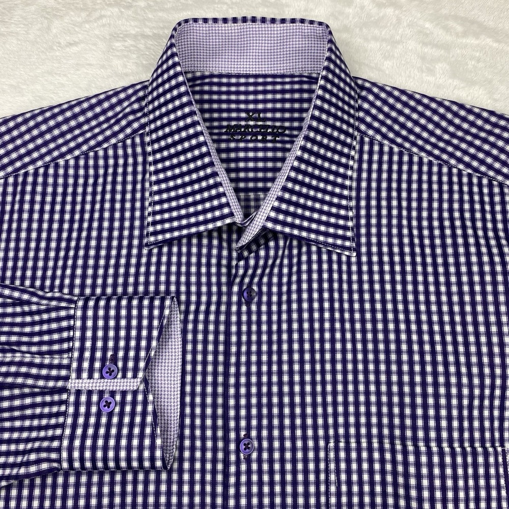 Marcello Sport Dress Shirt Mens XL Purple/White Checks Contrasting Trim